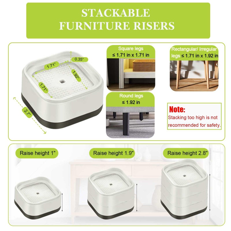 Yookwutar 9 Pack Furniture Risers 1 Inch, Adjustable Bed Risers Heavy Duty for Table Desk Couch Chair Sofa Cabinet Bed Legs Dorm, Square Stackable Bed Raisers Blocks Lift Height 1"", 2"" or 3"", White - Image 2